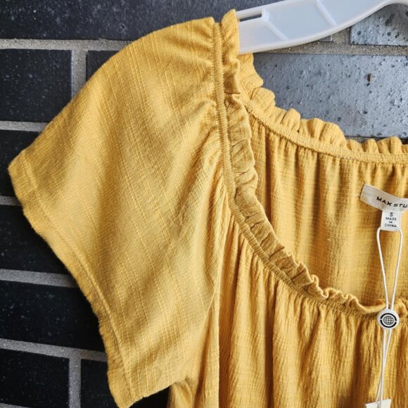 💫NWT Max Studio Yellow Boho Tiered Babydoll Flutter Sleeve Mini Dress Size S - Picture 5 of 13